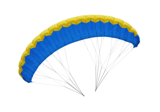 Isolated paragliding canopy, yellow and blue skydiving wing against a clean backdrop