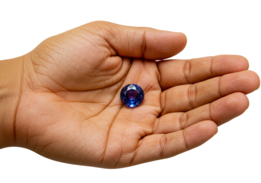 Isolated gemstone in a cupped palm of the hand, a blue sapphire, wealth and luxury