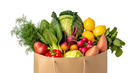 Fresh organic vegetables and fruits in a brown paper bag isolated on transparent background © AI Stock Flow