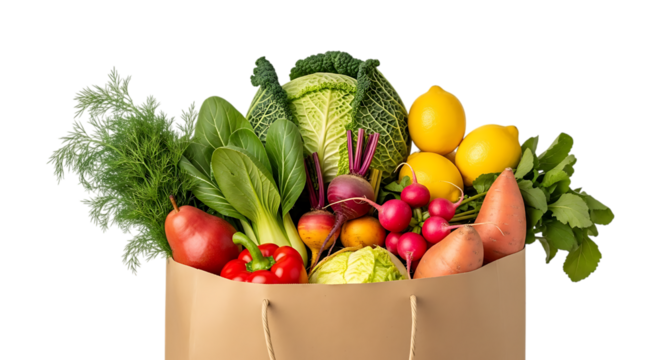 Fresh organic vegetables and fruits in a brown paper bag isolated on transparent background - Powered by Adobe