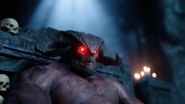4K  giant horned demon monster sitting on a throne made of bones and skulls inside a dark, haunted chamber. The creature has massive curled horns, glowing eyes