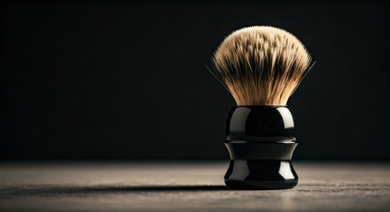 A close-up of a shaving brush with a black handle and soft, light bristles, dark background
