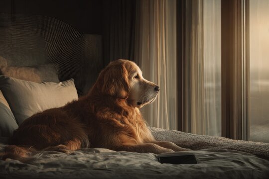 Bright morning, big eyes: dog's fearful smartphone moment. Dog holding phone. Advanced digital systems reshape our reality with powerful data transmission. Dog looks afraid. Digital world future.