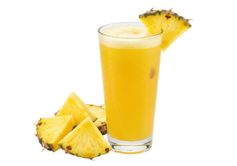 Isolated pineapple juice in tall glass with slice, tropical fruit beverage with chunks