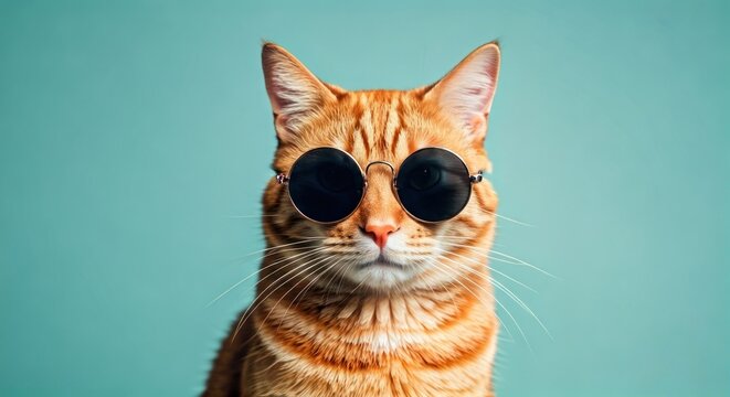 A close-up of an orange tabby cat wearing round, dark sunglasses against a teal backdrop - Powered by Adobe