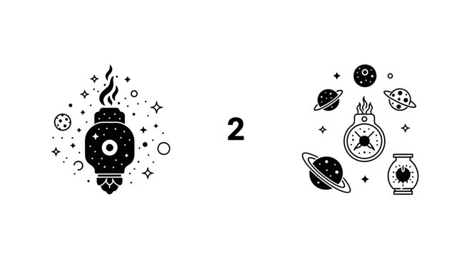 Abstract cosmic icons with planets and stars representing space exploration theme