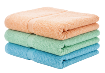 Isolated stack of terry towels, peach, light green, and blue, neatly folded, soft, and absorbent