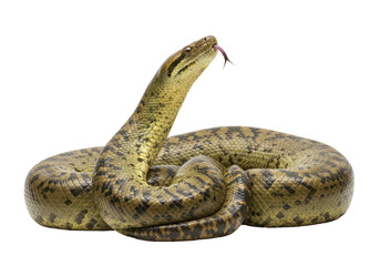 Fototapeta premium Isolated Yellow Anaconda, with its tongue sticking out, against a neutral backdrop, portrait