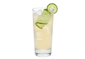 Isolated glass of refreshing cucumber cocktail, healthy drink served with ice and green garnish