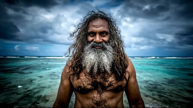 Powerful Gaze of an Old Man with a Grey Beard at the Ocean.