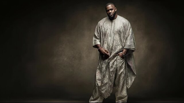 Full length studio portrait of a serious man in traditional African attire.