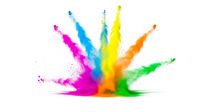 Explosion of vibrant colored powder isolated on transparent background