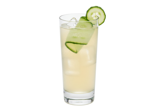Isolated glass of refreshing cucumber cocktail, healthy drink served with ice and green garnish
