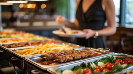 Obraz premium Person serving food from a buffet with various dishes