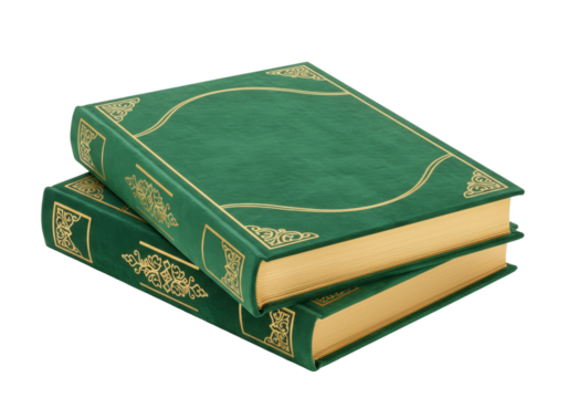 Isolated Antique Leather Bound Books Green and Gold with Gilded Edges, Stacked Neatly