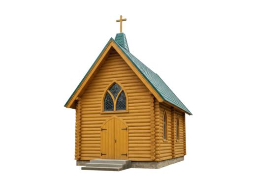 Isolated Small Wooden Chapel on Neutral Background, Religious Building With Green Roof