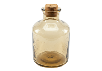Isolated antique glass vessel with natural cork closure for apothecary jars, containers