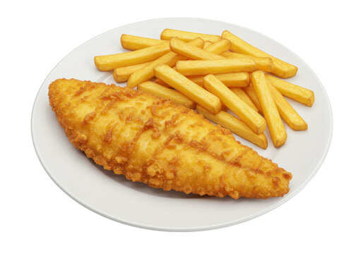 Isolated plate of fried fish and chips, a popular takeaway choice with British cuisine