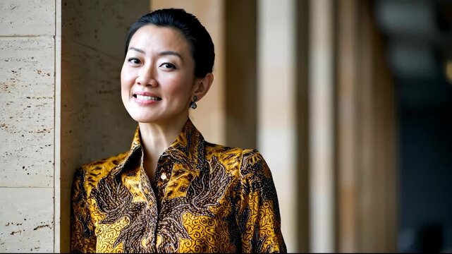 Portrait of a confident smiling Asian businesswoman wearing a traditional batik blouse.