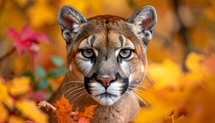 Fototapeta premium Cougar face amid autumn leaves, eyes focused, fur patterned, fall backdrop