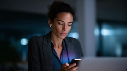4K professional businesswoman using a smartphone for voice recognition or virtual assistant commands, with a glowing holographic microphone icon and colorful sound waves projected - Powered by Adobe