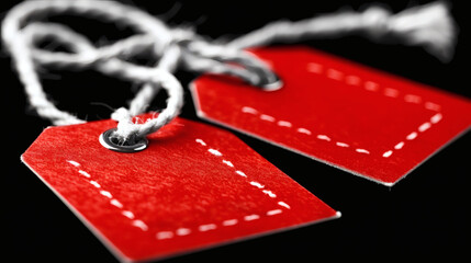 Blank red tags with string, ready for pricing, sale, and gift branding