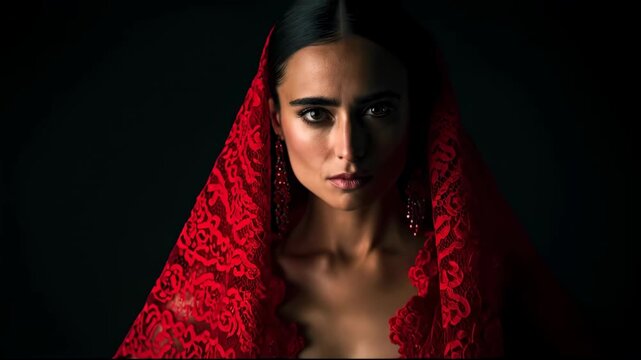 Mysterious Woman in Red Lace Veil Stares Intensely.