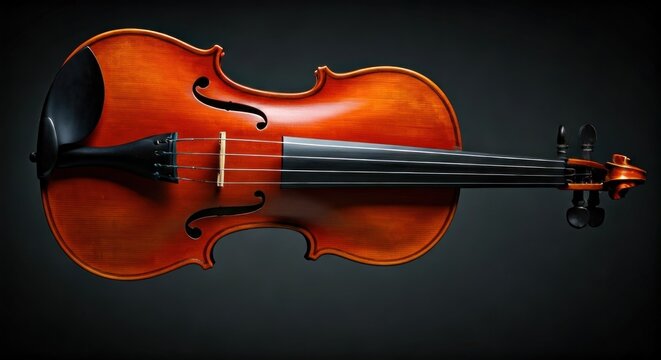 A detailed, high-angle shot of a classic wooden violin against a dark grey background