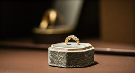 A diamond ring sits on a velvet stand, with a blurred backdrop of an open jewelry box