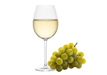 Naklejka premium Isolated wine glass with white wine and a bunch of fresh green grapes together, healthy food