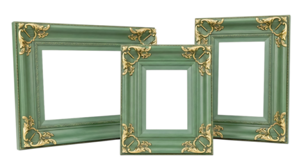 Three ornate green picture frames with gold corner details isolated on transparent background