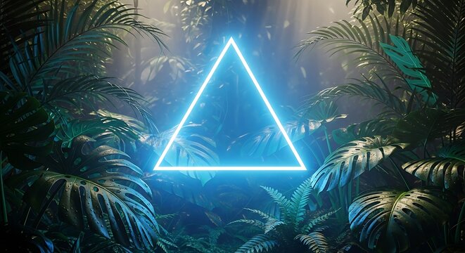 Neon triangle glowing in a tropical forest, creating a portal to another dimension
