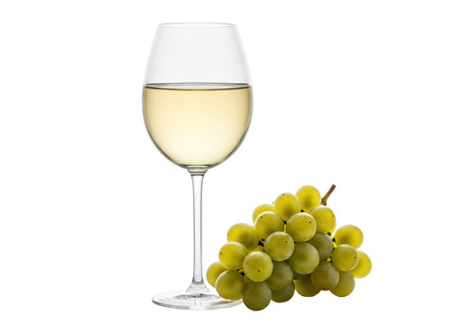 Isolated wine glass with white wine and a bunch of fresh green grapes together, healthy food