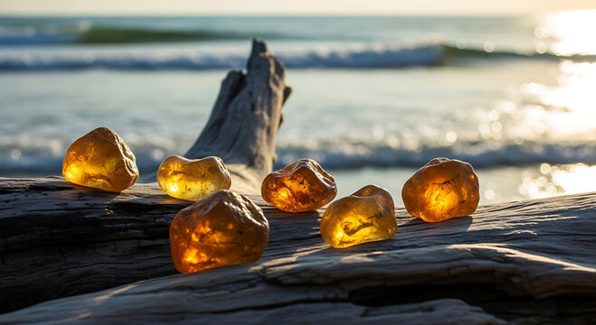 Glowing amber stones on weathered driftwood by ocean at golden hour light - Powered by Adobe