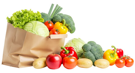 Paper grocery bag overflowing with fresh vegetables isolated on transparent background