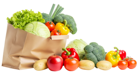 Paper grocery bag overflowing with fresh vegetables isolated on transparent background