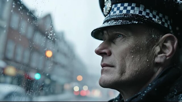Thoughtful British Police Officer Looking Out a Rainy Window.