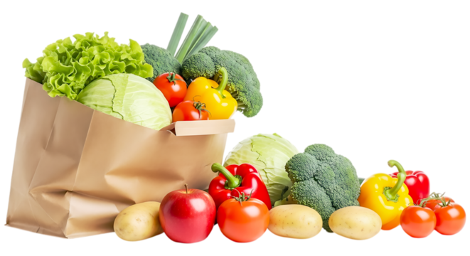 Paper grocery bag overflowing with fresh vegetables isolated on transparent background
