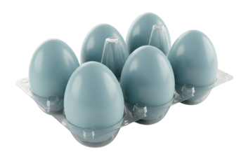 Isolated six light blue eggs in a transparent plastic tray ready for Easter holiday dyeing