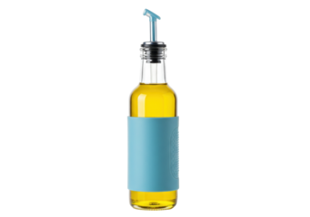 Isolated oil bottle with blue holder and spout for cooking or culinary applications