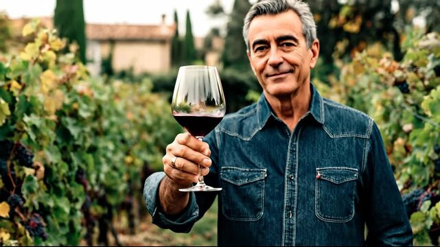 Mature winemaker proudly toasting with a glass of red wine in his vineyard.