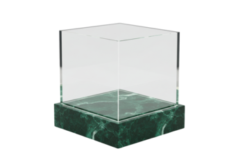 Isolated Green Marble Base and Glass Cube Display Case for Product Mockup presentation