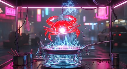 A futuristic neon crab cooking in a pan with water and lights in a cyberpunk city