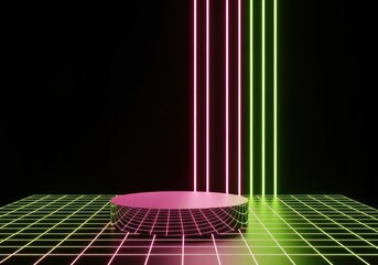 Retro grid scene with neon lights and podium, vaporwave aesthetic, 80s synthwave vibe