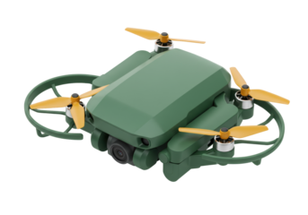 Isolated green modern drone concept with yellow propellers for photography with no background