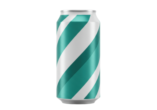 Isolated soda can with turquoise and white diagonal stripes design, beverage container
