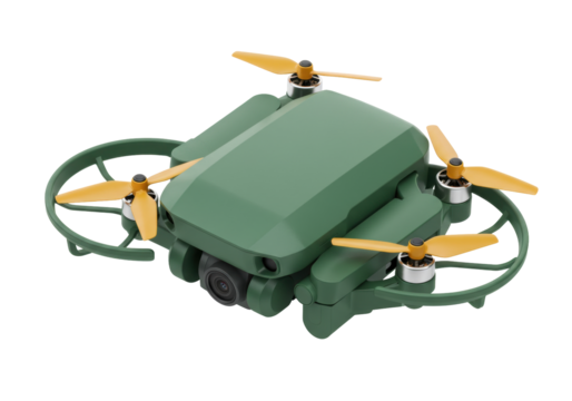 Isolated green modern drone concept with yellow propellers for photography with no background