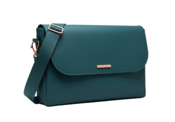 Isolated teal satchel bag with crossbody strap in studio lighting for e-commerce use