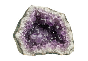 Isolated Amethyst Geode, rough stone with natural mineral and crystals in a rock formation