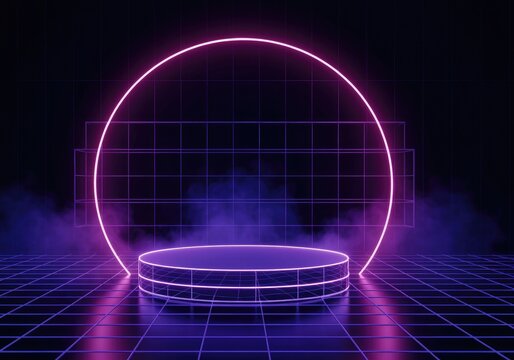 Retrofuturistic neon podium with grid and smoke, gaming scene elements